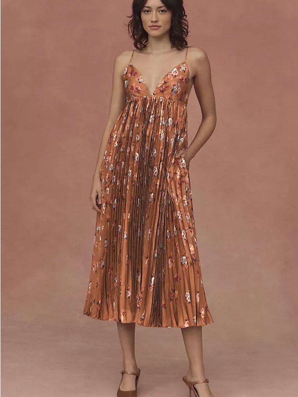 NWT Anthropologie BHLDN Maya Pleated V-Neck Midi Dress Floral XS